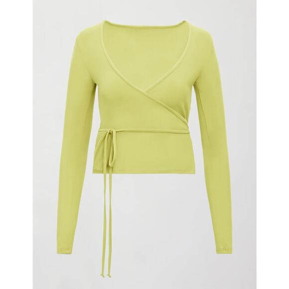 Carbon38 Long Sleeve Tie Top in Melt Medium Green Yellow Neon Ballet Wrap Shirt - Picture 3 of 10